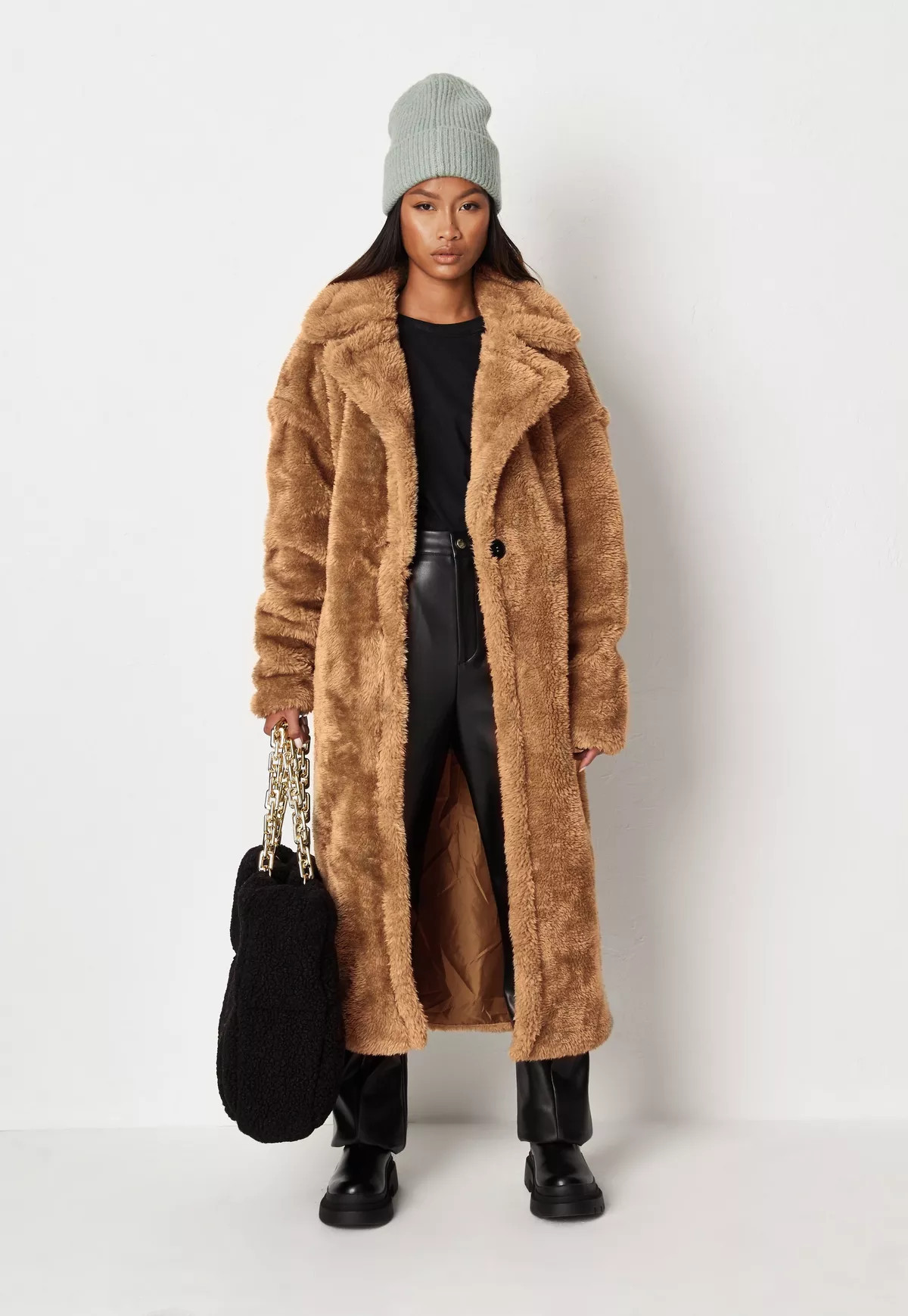 Missguided - Tan Borg Teddy Seam Detail Longline Coat | Missguided (US & CA)