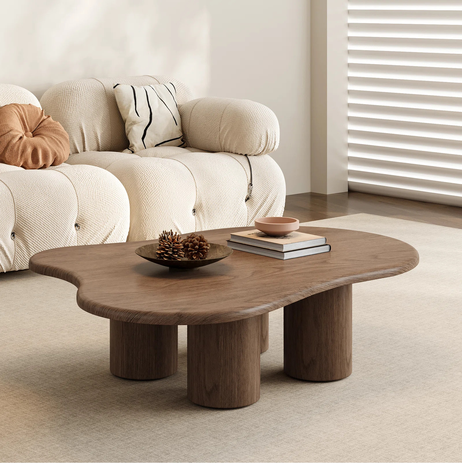 47.26'' Cloud Shape Coffee Table, Brown Wood Coffee Table with 4 Cylindrical Legs | Wayfair North America