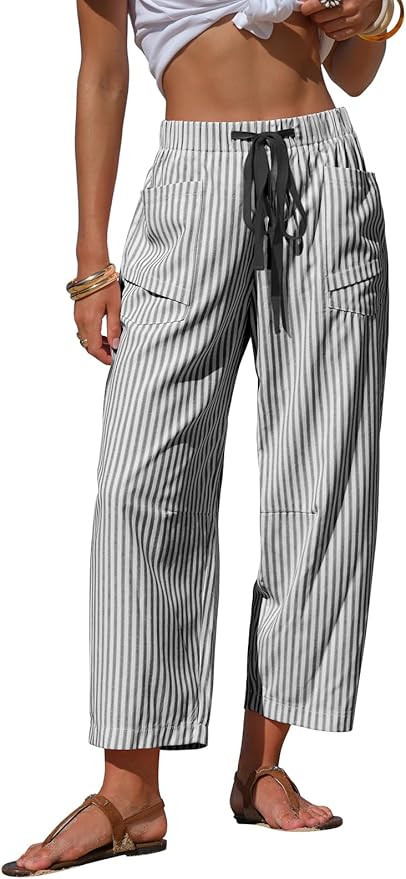 EXLURA Womens Summer Faux Linen Striped Barrel Pants Comfy Drawstring Capri Pant with Pockets Bea... | Amazon (US)