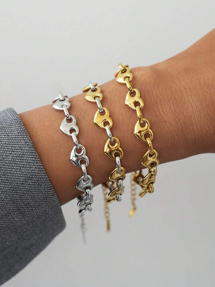 Frminee 1pc Simple Classic 18K Gold Plated Gold Plated Heart Buckle Necklace Stacked Round Buckle Stainless Steel Bracelet, Thick Foldable Jewelry Accessories For Women | SHEIN