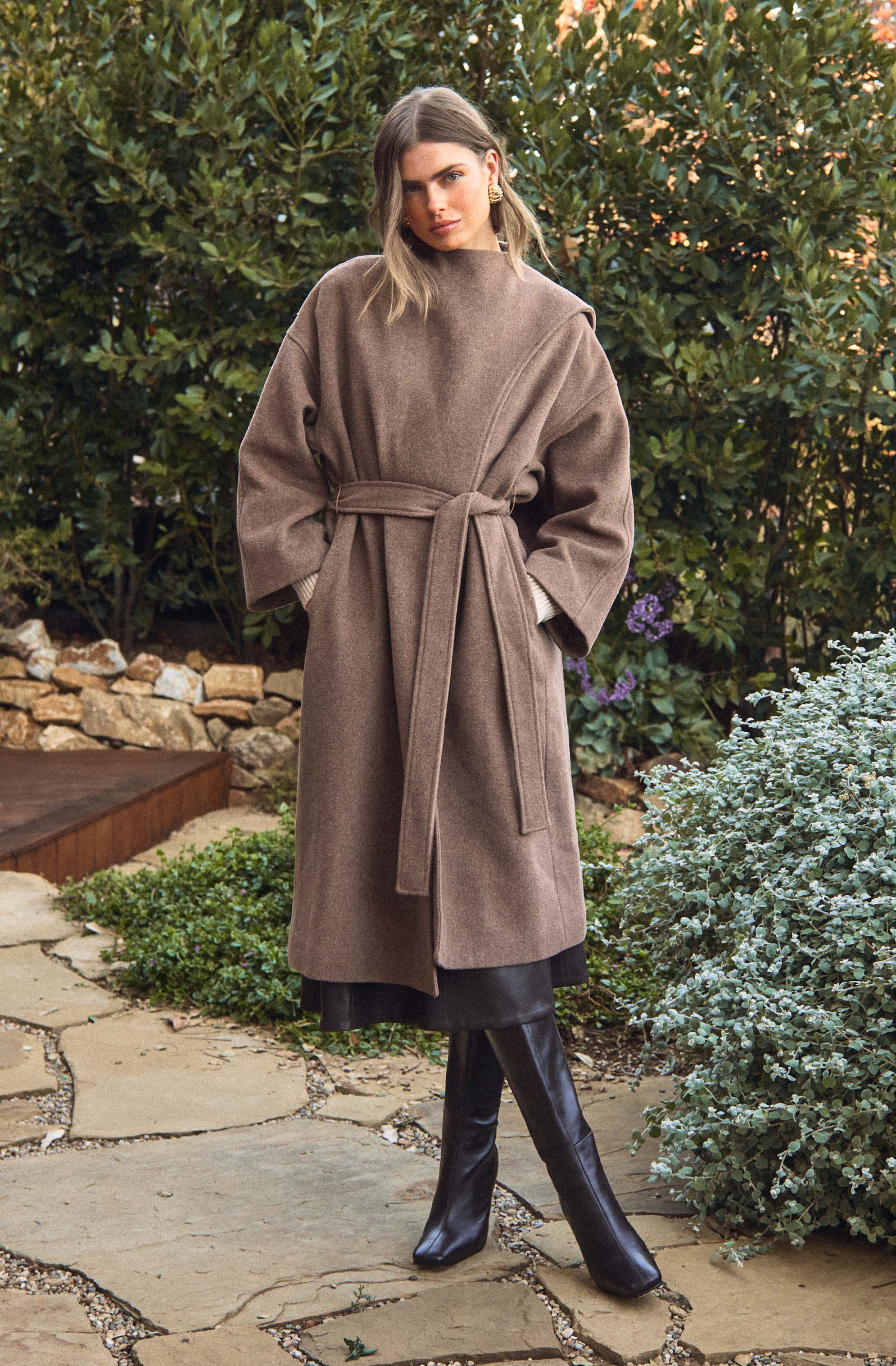 Elaxi Longline Wrap Scarf Coat - Taupe brown / XS | ASTR The Label (US)
