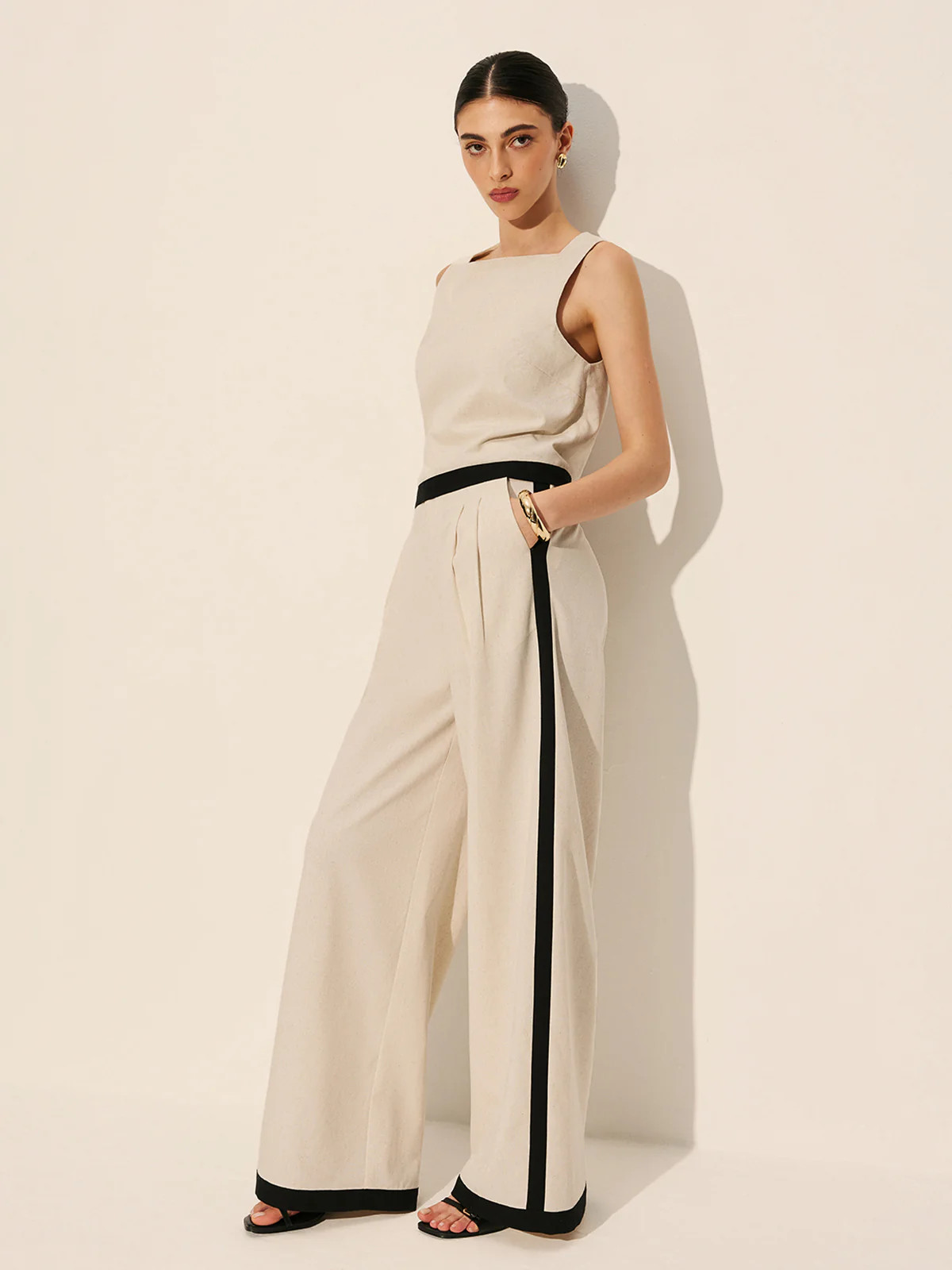 Linen & Cotton Zipper Contrast Binding Pant Set | Commense