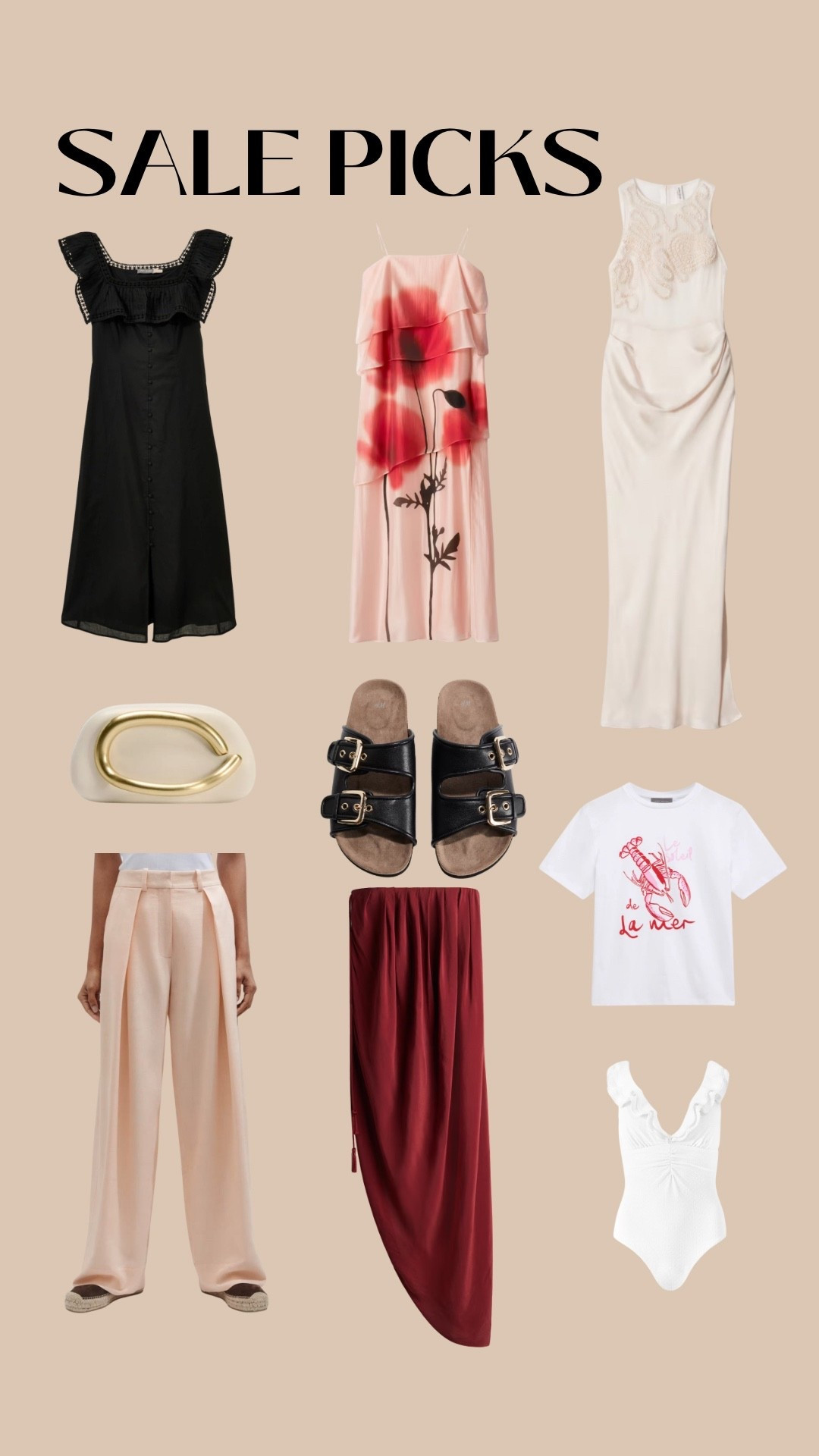 There are still lots of good bargains to be had in the summer sales. I’d take this abstract floral dress on holiday with me and wear it out for a nice dinner. The dark red bandeau dress could be dressed up for evening or down as a beach cover-up for daytime - over the white swimming costume, perhaps. The long cream dress has for special occasion dress written all over it. It would work for day or night  

White one piece, linen trousers, slinky cream dress, black sundress. 

#LTKStyleTip #LTKSaleAlert #LTKFindsUnder50