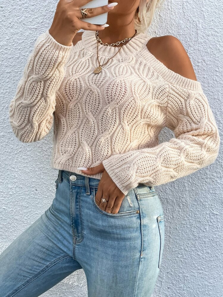 Cold Shoulder Cable Knit Sweater | SHEIN