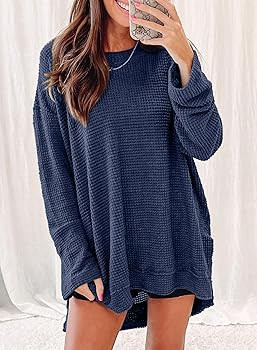 SHEWIN Long Sleeve Shirts For Women Oversized Sweatshirt Crewneck Waffle Knit Fall Tops for Women... | Amazon (US)