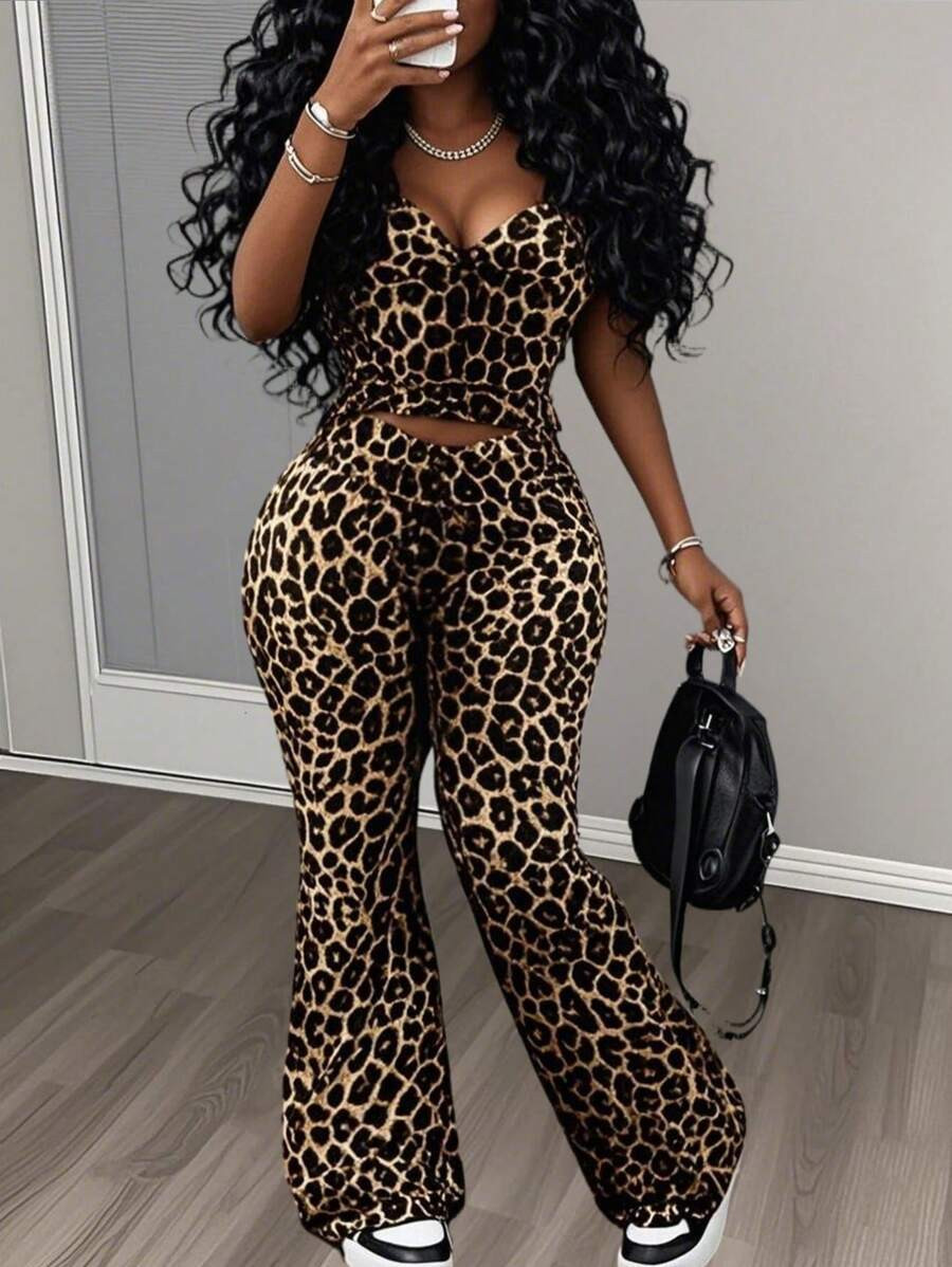 Slaydiva 2pcs Women's Plus Size Leopard Print Crop Top And Cross Waist Flared Pants Set,2 Pieces ... | SHEIN