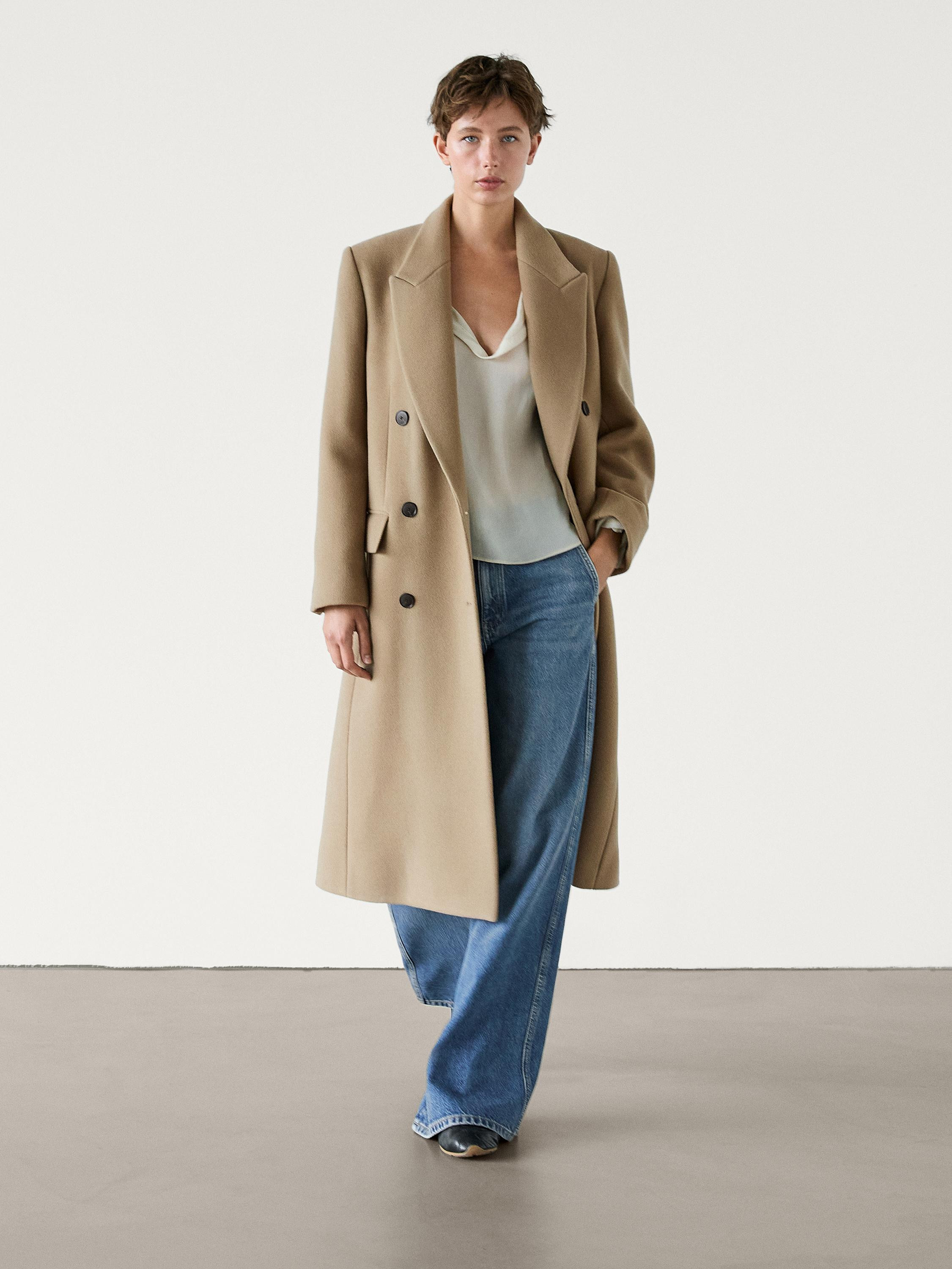 Long double-breasted wool blend coat | Massimo Dutti US