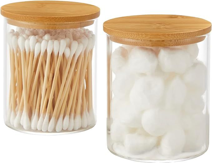 Glass Qtip Holder Dispenser with Bamboo Lid - 2 Pack Apothecary Jars - Cotton Balls Pads Swabs Ho... | Amazon (US)