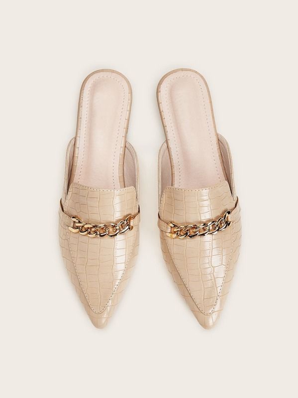 Point Toe Croc Embossed Flat Mules | SHEIN