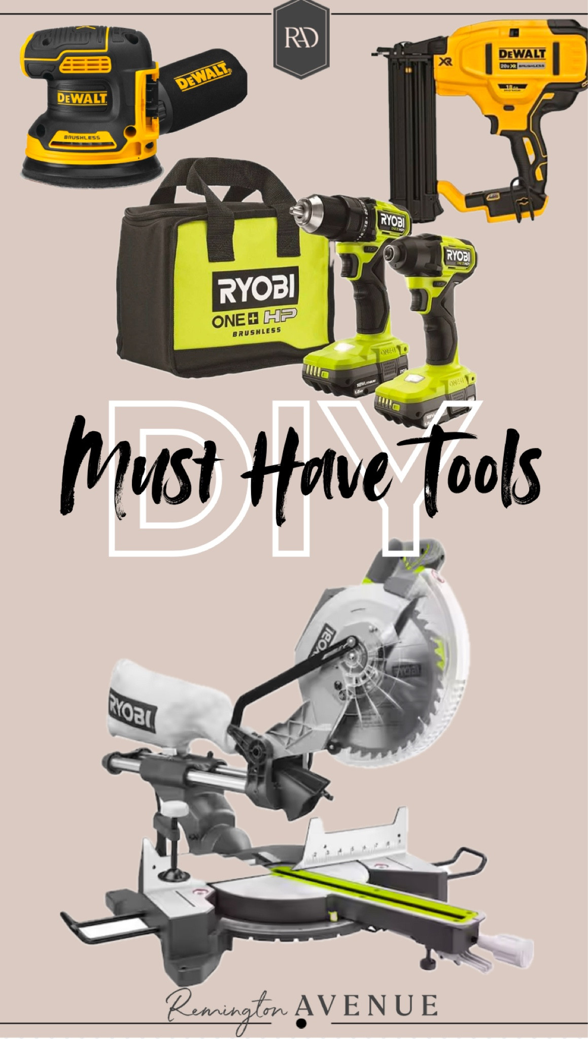 My top 5 Must have DIY tools. Some of them are on sale right now.
Miter saw, Driver/drill combo, orbital sander, nail gun, staple gun, safety glasses, measuring tape.

#LTKHome #LTKGiftGuide #LTKSaleAlert
