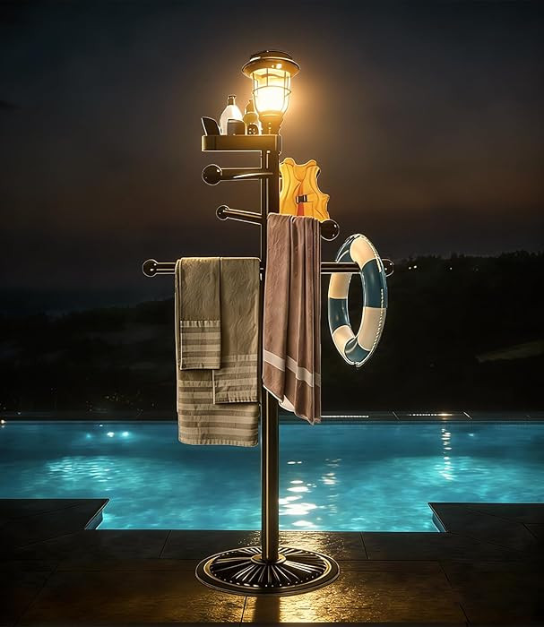 Pool Outdoor Towel Rack with Solar Light, 6 Bars Metal Heavy Duty Pool Accessories with Heavy Met... | Amazon (US)