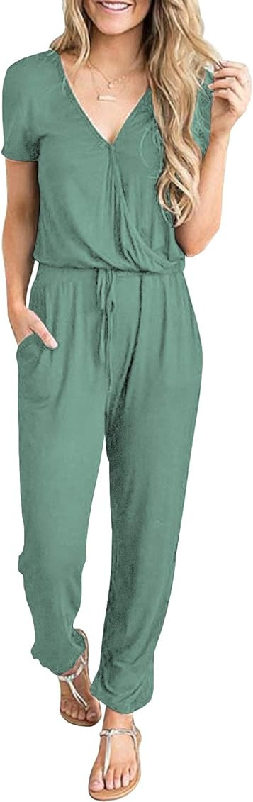 PRETTYGARDEN Women's Summer Casual Deep V Neck Short Sleeve Wrap Drawstring Waist Jumpsuit Romper wi | Amazon (US)