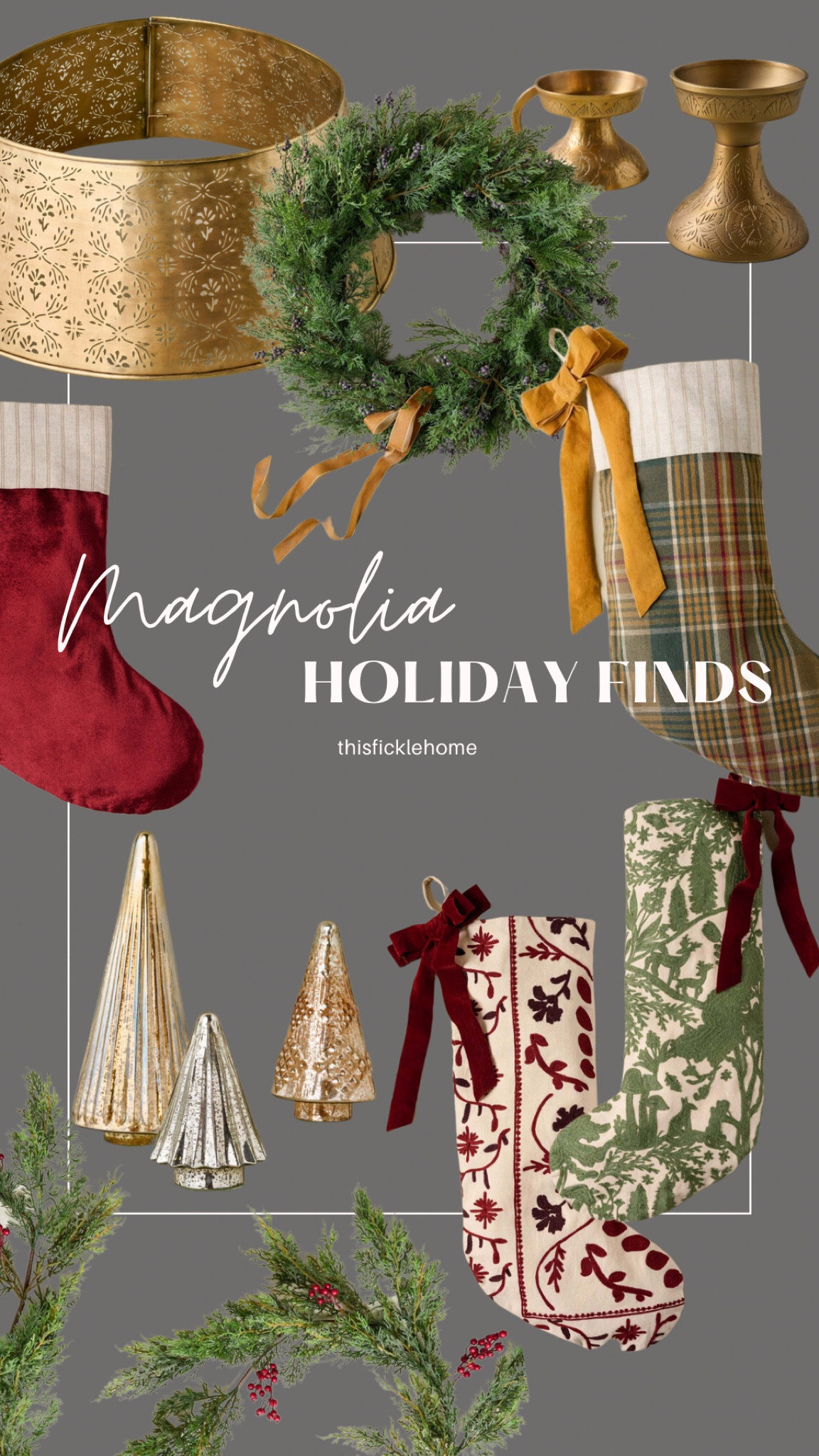 Brass candle holder, Christmas stockings, mercury class trees, holiday garland, holiday wreath, plaid stocking, velvet stocking, magnolia home.

#LTKHoliday #LTKhome