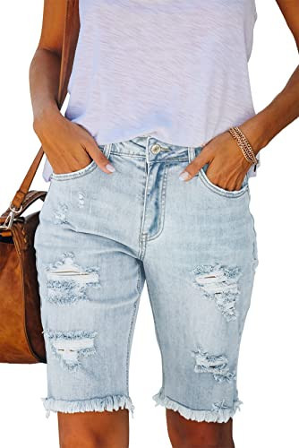 Metietila Women's Ripped Mid-Rise Denim Bermuda Shorts Frayed Raw Hem Stretch Jean Shorts | Amazon (US)