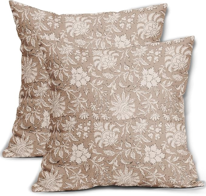 Light Brown Floral Pillow Covers 18x18 Set of 2 Cream Vintage Flower Block Print Pattern Decorati... | Amazon (US)