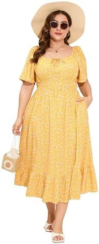 ShopWonder Womens Plus Size Square Neck Floral Print Summer Dress Ruffle Short Sleeve Tie Front S... | Amazon (US)