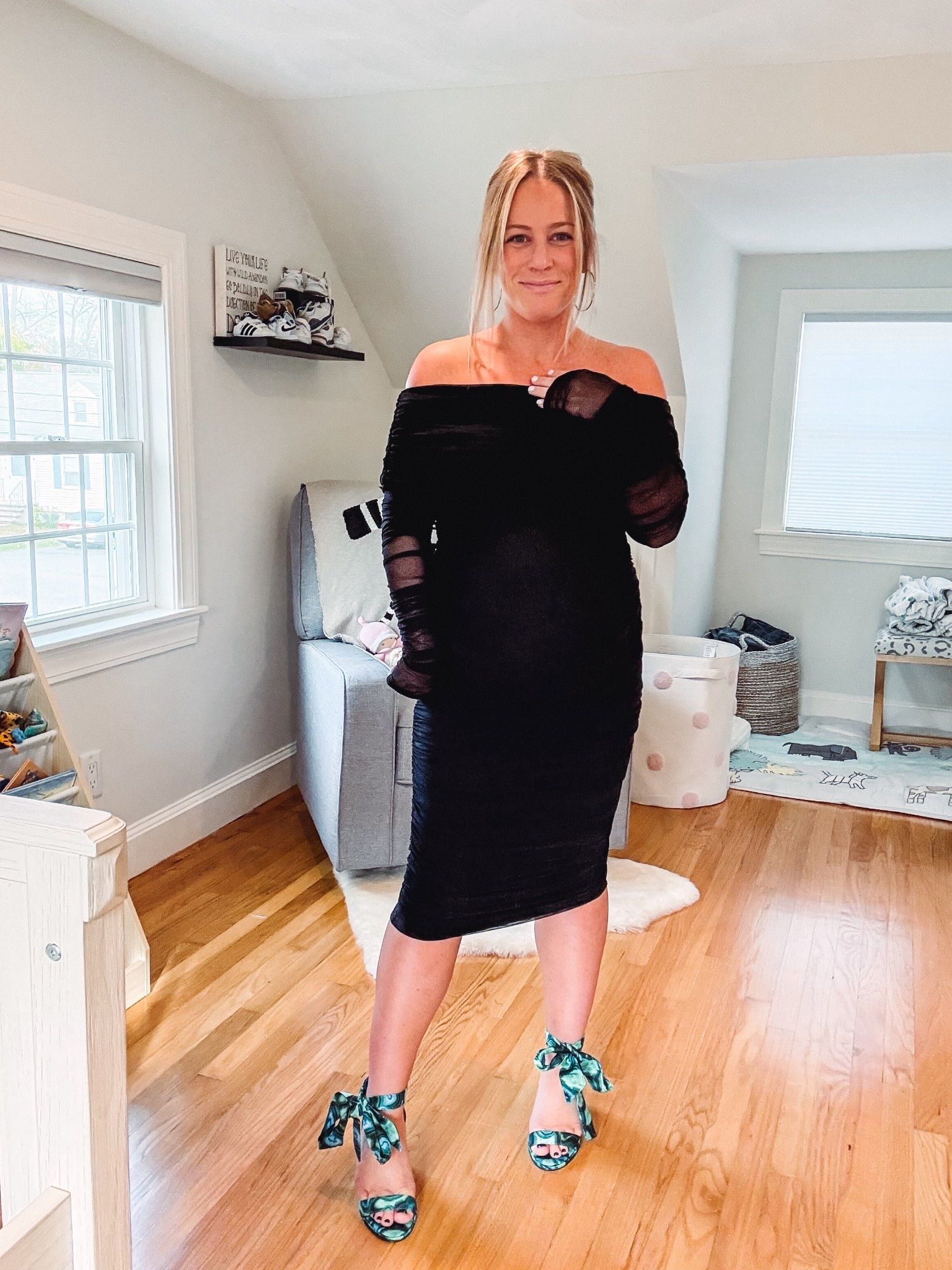 Black off the shoulder dress 
Maternity but post partum perfect too! 
Shoulders are a bit snug. I recommend sizing up one! Very soft and chic! Green sandal 

#LTKSaleAlert #LTKBump #LTKWedding
