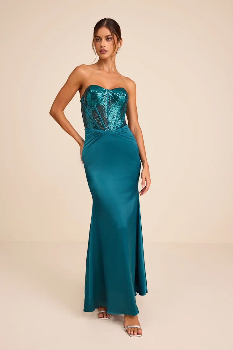 Ria Emerald Sequin Strapless Mermaid Maxi Dress | Lulus