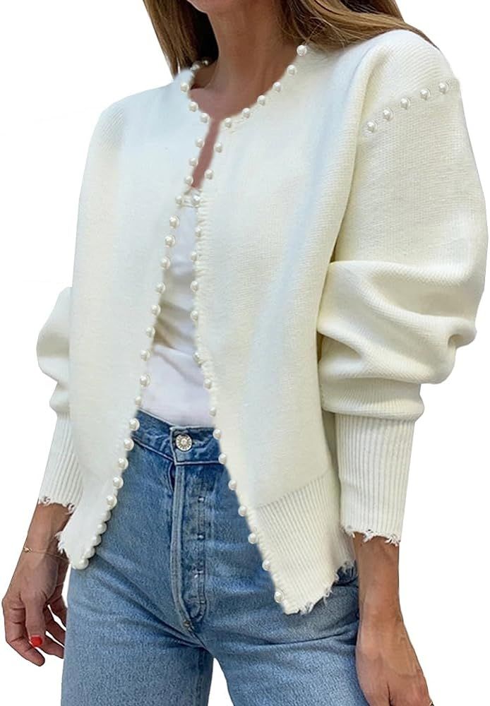 Kedera Women's Fall Sweater Cardigan Open Front Long Sleeve Pearls Trim Beading Knit Outwear | Amazon (US)