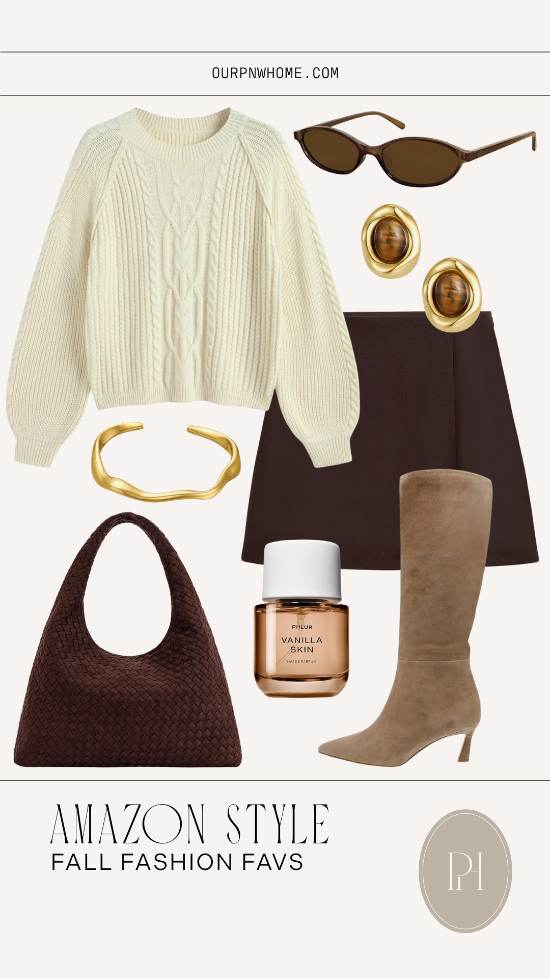 Top Amazon style finds for fall!

brown mini skirt, oversized sweater, cable knit sweater, neutral sweater, cozy sweater, off white sweater, fall fashion, fall looks, fall outfit, brown boots, tan boots, suede boots, brown handbag, purse, suede handbag, gold cuff bracelet, brown earrings, stud earrings, sunglasses, vanilla perfume, women's fragrance 

 #LTKStyleTip #LTKShoeCrush #LTKItBag