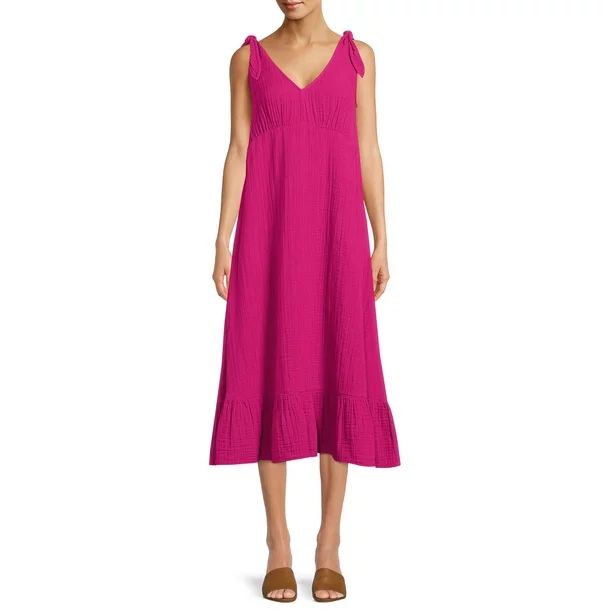 Time and Tru Women's Double Cloth Tie Shoulder Dress | Walmart (US)
