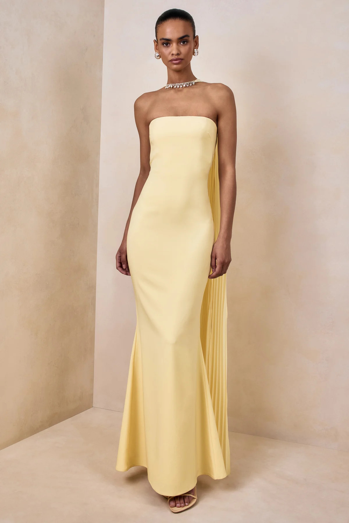 Avery | Lemon Bandeau Maxi Dress With Embellished Scarf | Club L London