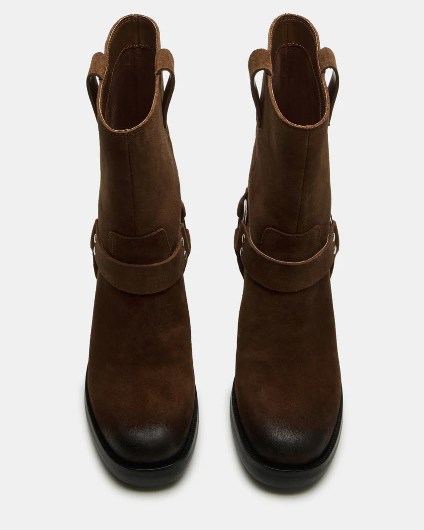 TOPHER Cognac Suede Moto Heeled Ankle Boot | Women's Booties | Steve Madden (US)