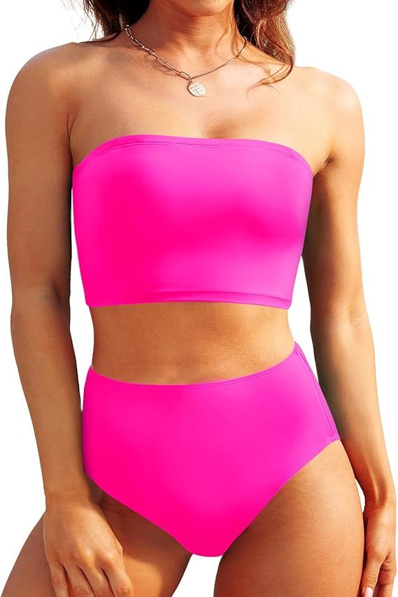Tempt Me Women Bandeau Bikini Set Strapless High Waisted Two Piece Swimsuit Longline Bathing Suit... | Amazon (US)