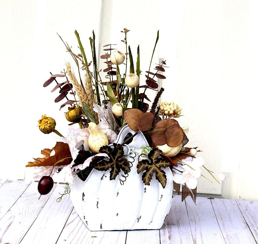 Fall centerpiece for table, White pumpkin basket, velvet pumpkins, wired ribbons bow, Farmhouse c... | Amazon (US)
