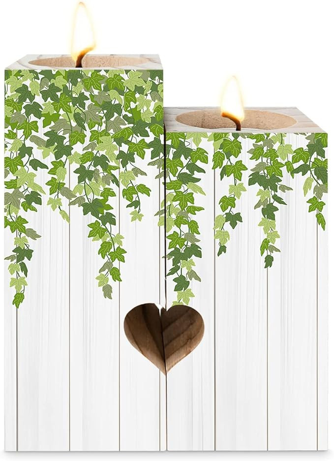 Green Leaves Candle Holder with Tea Light,Vintage Wood Tealight Candle Stick Holder Pillar Center... | Amazon (US)