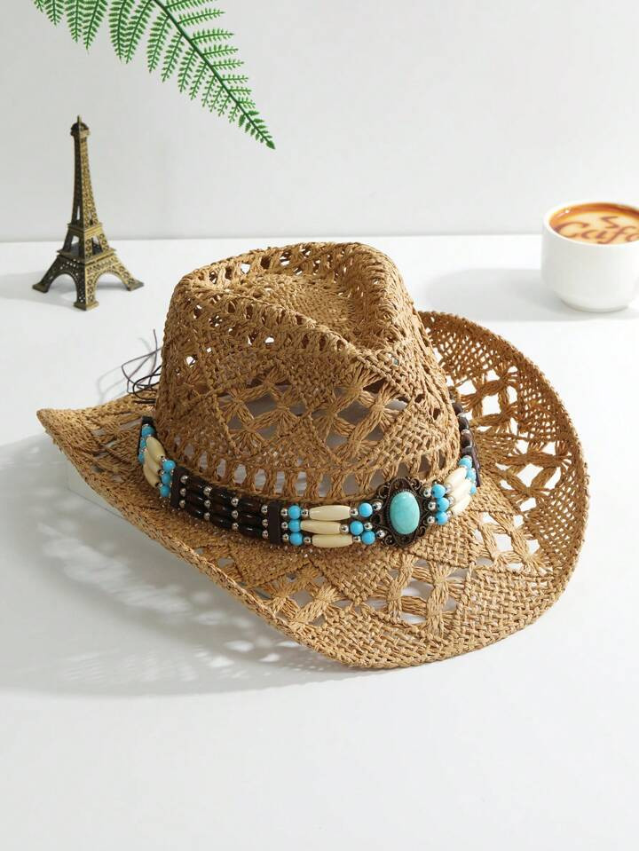 1pcs Unisex Turquoise Stone Decor Cowboy Hat Hollow Printed Cowgirl Hat Casual Spring Summer Travel Shade Beach Hat Sun Hat Straw Hat | SHEIN