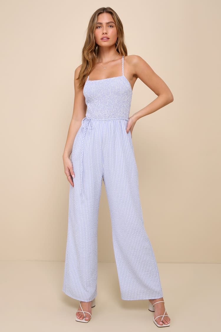 Endearing Impression Blue and White Striped Lace-Up Jumpsuit | Lulus