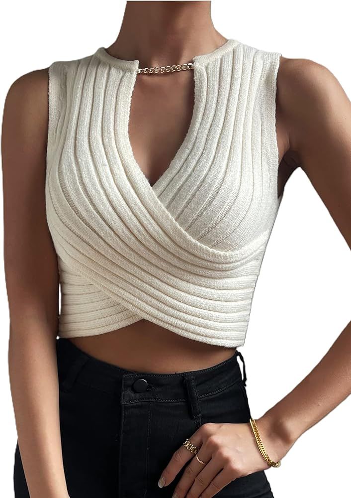 OYOANGLE Women's Solid Chain Criss Cross Deep V Neck Sleeveless Knitted Crop Tank Top | Amazon (US)