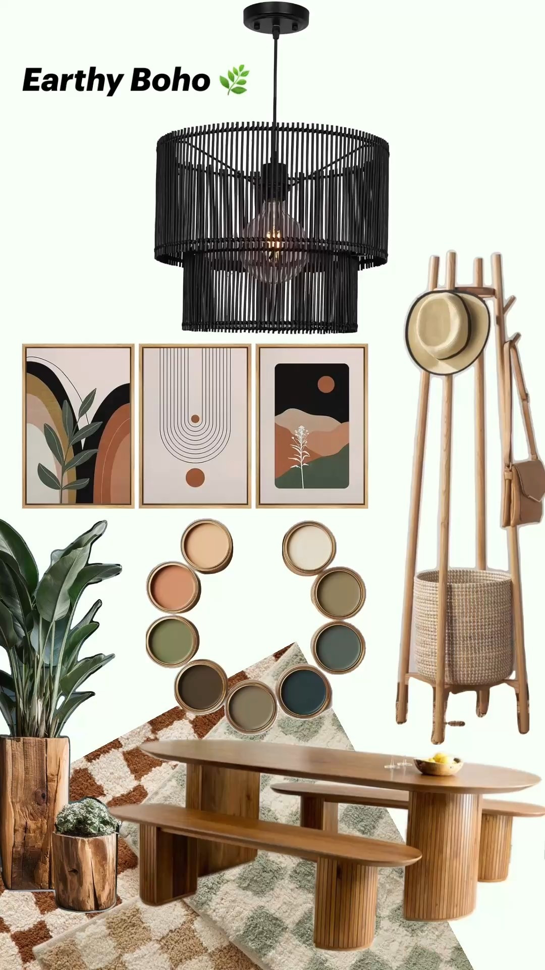 Earthy boho living room inspiration featuring warm wood furniture, neutral green tones, textured rugs, botanical accents, and modern abstract wall art. This cozy boho mood board blends organic textures, nature-inspired colors, and layered lighting for a calm, inviting space. Perfect for boho, organic modern, and earthy home decor lovers looking to refresh their living room or entryway.

#LTKHome