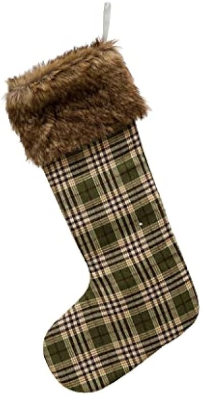 Creative Co-Op Fabric Stocking with Faux Fur Trim, Green Plaid | Amazon (US)
