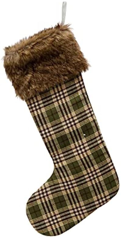 Creative Co-Op Fabric Stocking with Faux Fur Trim, Green Plaid | Amazon (US)