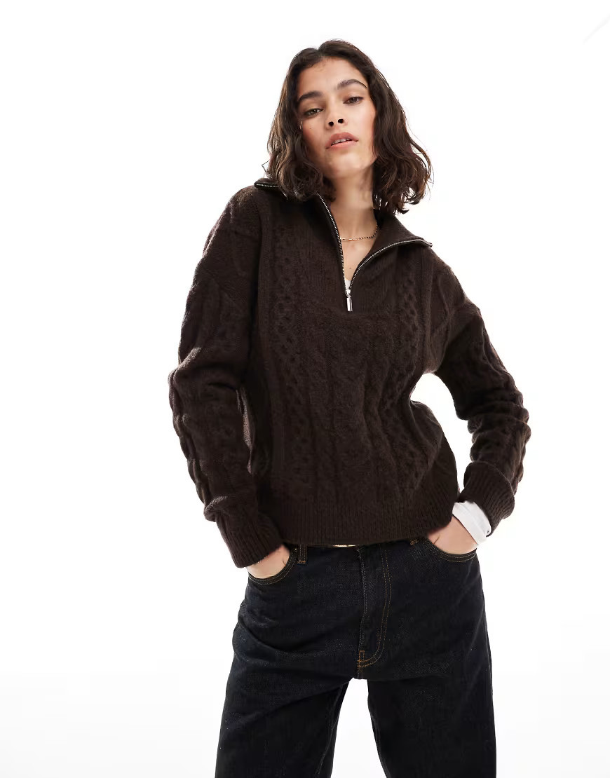 Brave Soul half zip cable knit sweater in brown | ASOS (Global)