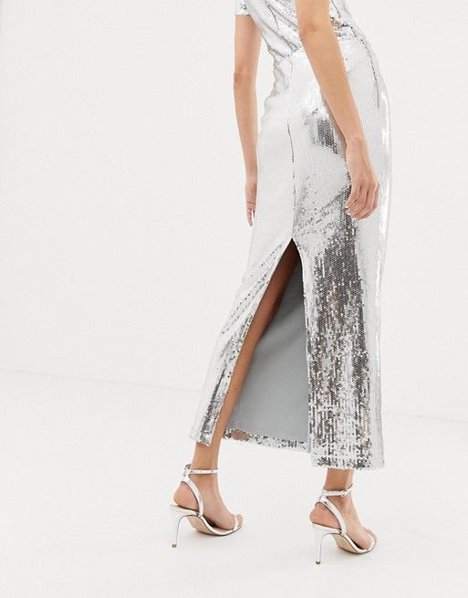 Warehouse x Ashish sequin maxi skirt in silver | ASOS US