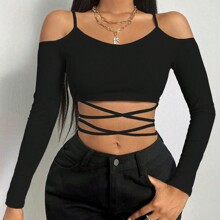 Womens Solid Color Open Shoulder Cross Strap Top | SHEIN