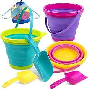 JOYIN Foldable Beach Bucket Set - 3 Packs Collapsible Toy Buckets with Shovels and Mesh Backpack ... | Amazon (US)