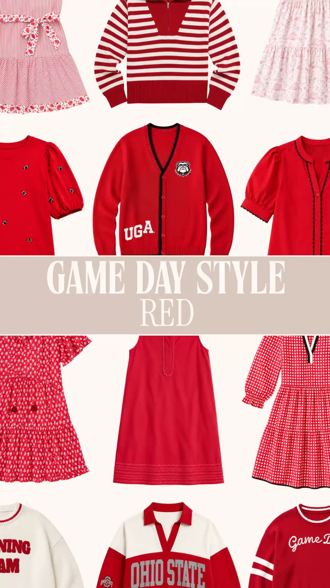 Red game day outfits | college football outfits | NFL game day style | tailgate outfits

The red game day edit is here, and red may have the most teams fighting over it. 😂 I pulled together feminine game day dresses, red sweaters, striped pullovers, collegiate cardigans and red and white finds from all over the internet so you can shop by team color without opening 37 tabs.

These work for Georgia Bulldogs, Alabama Crimson Tide, Ohio State, Arkansas Razorbacks, Wisconsin Badgers, Nebraska, Texas Tech, South Carolina Gamecocks and Oklahoma Sooners game day outfits.

NFL girls, I did not forget you. There are red football outfits for Kansas City Chiefs games, San Francisco 49ers outfits, Arizona Cardinals style, Atlanta Falcons outfits and Tampa Bay Buccaneers game day.

Early football season calls for red mini dresses, smocked dresses and short sleeve tops with sneakers or cowboy boots. When the temperature drops, move into red game day sweaters, striped quarter zips, varsity cardigans and collegiate knitwear with denim, skirts or white jeans.

Whether you are heading to an SEC tailgate, Big Ten football game, NFL stadium, alumni watch party or hosting football Sunday, this gives you polished team color without requiring head to toe logo gear. Your red game day outfit is officially one less thing to figure out before kickoff.

red game day outfit women, college football outfit, football game outfit, tailgate outfit women, red game day dress, red football sweater, SEC game day outfit, stadium outfit women, NFL outfit women, cute game day outfits, football season outfits

#LTKFindsUnder50 #PreppyStyle #GameDayOutfit #CollegeFootball #FootballOutfit #TailgateOutfit

#LTKSeasonal #LTKootd