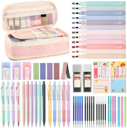 DazSirit 62 PCS Aesthetic School Supplies with Foldable Pencil Case, 12 Pastel Highlighters, 4 Er... | Amazon (US)