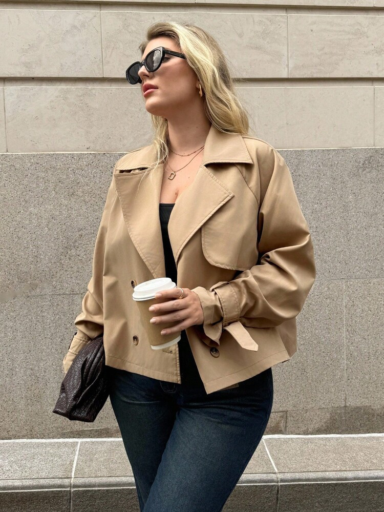 Auralis Plus Size Women's Autumn And Winter Fashion Casual Loose Comfortable Daily Basic Versatile Classic Khaki Short Windbreaker Jacket,Fall Outfits,Simle Style,Winter Coats | SHEIN