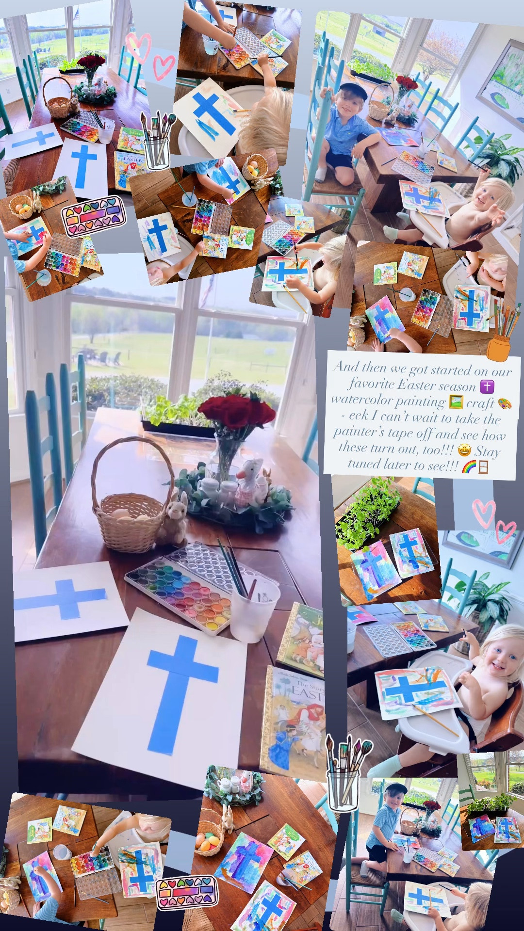 And then we got started on our favorite Easter season ✝️ watercolor painting 🖼️ craft 🎨 - eek I can’t wait to take the painter’s tape off and see how these turn out, too!!! 🤩 Stay tuned later to see!!! 🌈🪟