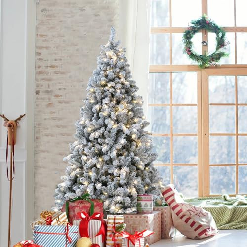 FairyHaus Christmas Tree Prelit 6 ft, Realistic Flocked Christmas Tree with 250 Warm White & Colorful Lights, 10 Functions, Pre-Strung Christmas Trees with Metal Hinges and Foldable Base | Amazon (US)