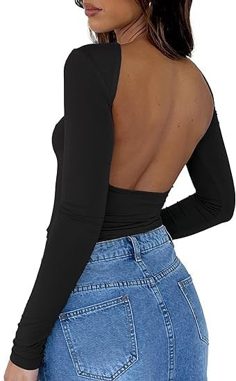 ForeFair Women Sexy Backless Short Sleeve Slim Fit Crewneck Summer Casual Y2K Crop Tee | Amazon (US)