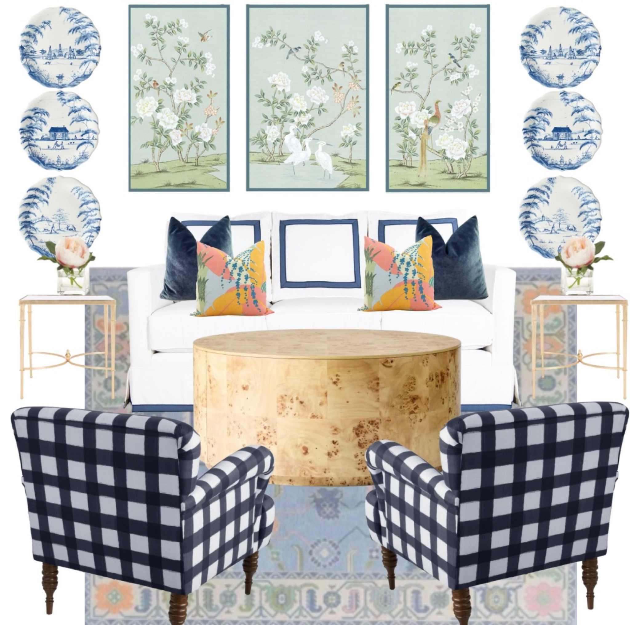 Grandmillennial Living Room Spring Refresh 

Preppy // chinoiserie panels // blue and white // Juliska Country Estate // plate wall // white sofa // throw pillow // Oushak rug // blue accent chairs // burl wood coffee table // gold accent table // faux florals 

#LTKhome #LTKSeasonal #LTKFind
