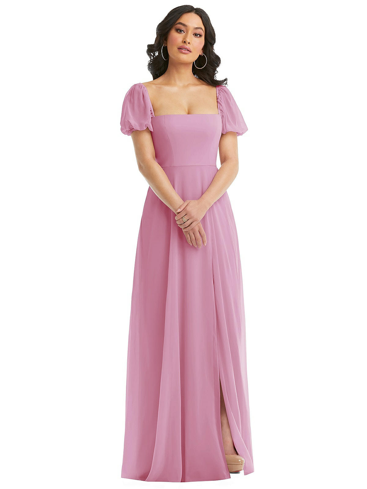 Puff Sleeve Chiffon Maxi Dress with Front Slit | The Dessy Group