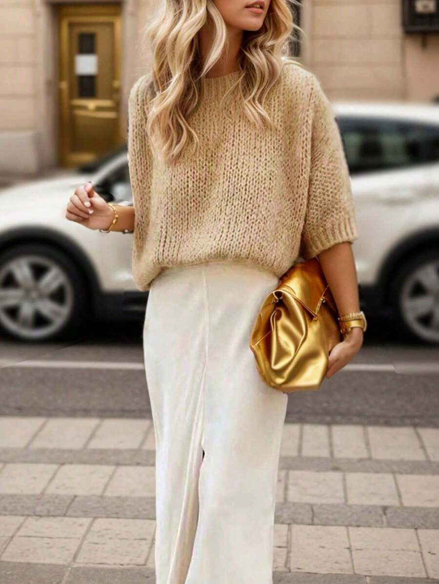 Franclia Women's Solid Color Drop Shoulder Knitted Top For Vacation Or Leisure | SHEIN