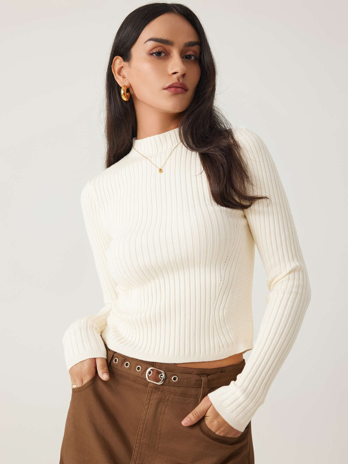 Rib Knit Stand Neck Solid Long Sleeve Top | Cider